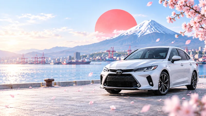 Белая Toyota на набережной в Японии на фоне Фудзи